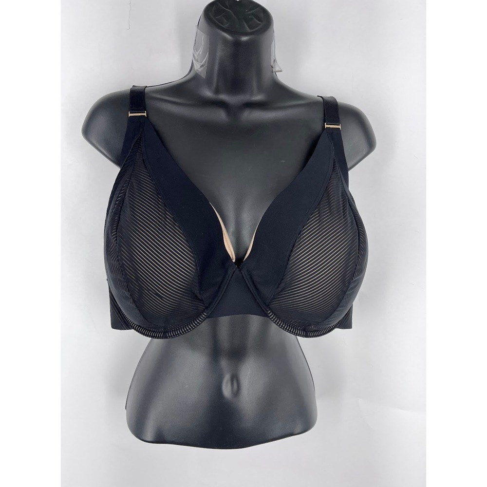 ThirdLove Shadow Stripe Plunge Bra Black Underwire Mesh 40F Gold Hardware